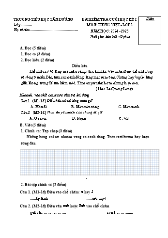 Đề kiểm tra cuối học kỳ I môn Tiếng Việt Lớp 1 - Năm học 2024-2025 - Trường Tiểu học Tân Dương (Có đáp án)
