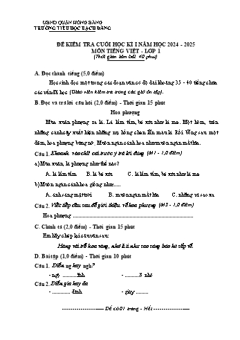 Đề kiểm tra cuối học kỳ I môn Tiếng Việt Lớp 1 - Năm học 2024-2025 - Trường Tiểu học Bạch Đằng (Có đáp án)