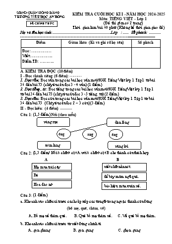Đề kiểm tra cuối học kỳ I môn Tiếng Việt Lớp 1 - Năm học 2024-2025 - Trường Tiểu học An Hồng (Có đáp án + Ma trận)
