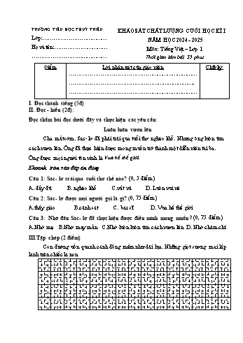 Đề kiểm tra cuối học kỳ I môn Tiếng Việt Lớp 1 - Năm học 2024-2025 - Trường Tiểu học Thủy Triều (Có đáp án + Ma trận)
