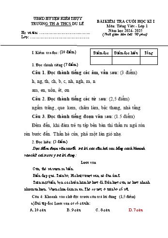 Đề kiểm tra cuối học kỳ I môn Tiếng Việt Lớp 1 - Năm học 2024-2025 - Trường TH&THCS Du Lễ (Có đáp án)