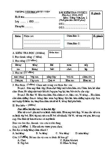 Đề kiểm tra cuối học kỳ I môn Tiếng Việt Lớp 1 - Năm học 2024-2025 - Trường Tiểu học Quyết Tiến (Có đáp án)