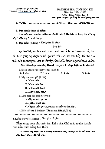Đề kiểm tra cuối học kỳ I môn Tiếng Việt Lớp 1 - Năm học 2024-2025 - Trường Tiểu học Thị trấn An Lão (Có đáp án + Ma trận)