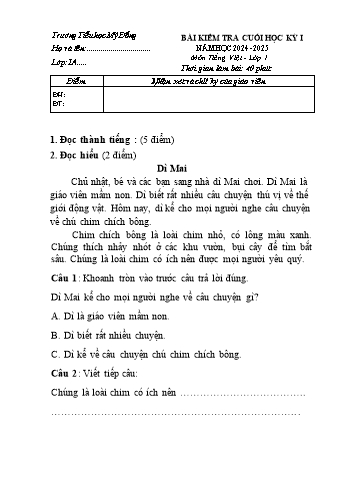 Đề kiểm tra cuối học kỳ I môn Tiếng Việt Lớp 1 - Năm học 2024-2025 - Trường Tiểu học Mỹ Đồng (Có đáp án + Ma trận)