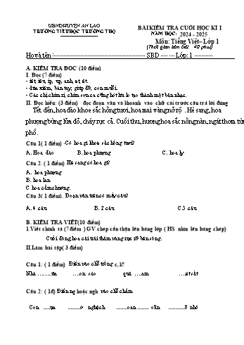 Đề kiểm tra cuối học kỳ I môn Tiếng Việt Lớp 1 - Năm học 2024-2025 - Trường Tiểu học Trường Thọ (Có đáp án)