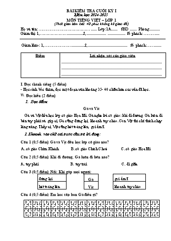 Đề kiểm tra cuối học kỳ I môn Tiếng Việt Lớp 1 - Năm học 2024-2025 - Trường Tiểu học Đồng Hòa (Có đáp án)