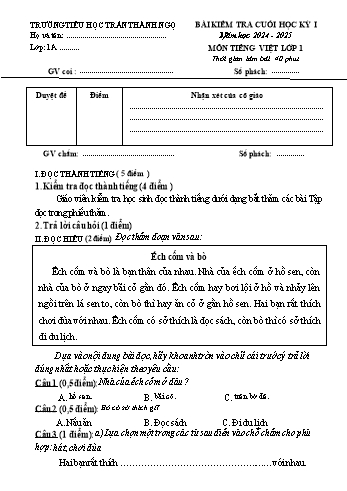 Đề kiểm tra cuối học kỳ I môn Tiếng Việt Lớp 1 - Năm học 2024-2025 - Trường Tiểu học Trần Thành Ngọ (Có đáp án)