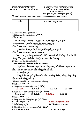 Đề kiểm tra cuối học kỳ I môn Tiếng Việt Lớp 1 - Năm học 2024-2025 - Trường Tiểu học Ngũ Đoan (Có đáp án)