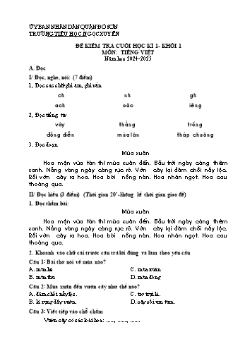 Đề kiểm tra cuối học kỳ I môn Tiếng Việt Lớp 1 - Năm học 2024-2025 - Trường Tiểu học Ngọc Xuyên (Có đáp án)