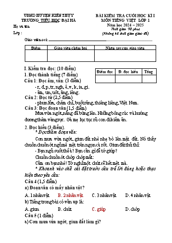 Đề kiểm tra cuối học kỳ I môn Tiếng Việt Lớp 1 - Năm học 2024-2025 - Trường Tiểu học Đại Hà (Có đáp án)