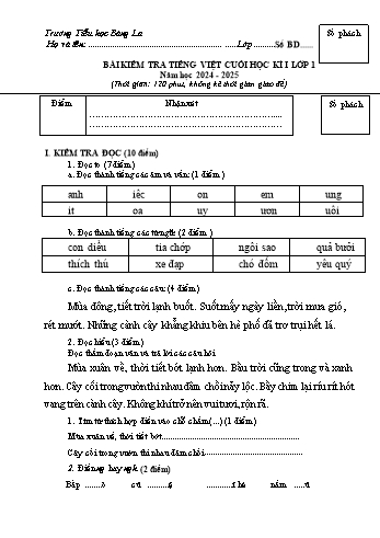 Đề kiểm tra cuối học kỳ I môn Tiếng Việt Lớp 1 - Năm học 2024-2025 - Trường Tiểu học Bàng La (Có đáp án + Ma trận)
