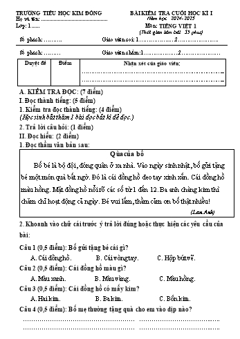 Đề kiểm tra cuối học kỳ I môn Tiếng Việt Lớp 1 - Năm học 2024-2025 - Trường Tiểu học Kim Đồng (Có đáp án)