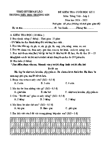 Đề kiểm tra cuối học kỳ I môn Tiếng Việt Lớp 1 - Năm học 2024-2025 - Trường Tiểu học Trường Sơn (Có đáp án + Ma trận)