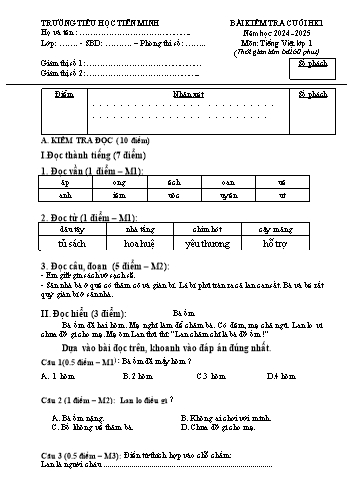 Đề kiểm tra cuối học kỳ I môn Tiếng Việt Lớp 1 - Năm học 2024-2025 - Trường Tiểu học Tiên Minh (Có đáp án)