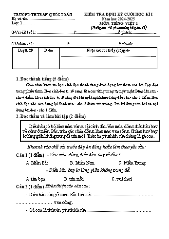 Đề kiểm tra cuối học kỳ I môn Tiếng Việt Lớp 1 - Năm học 2024-2025 - Trường Tiểu học Trần Quốc Toản (Có đáp án)