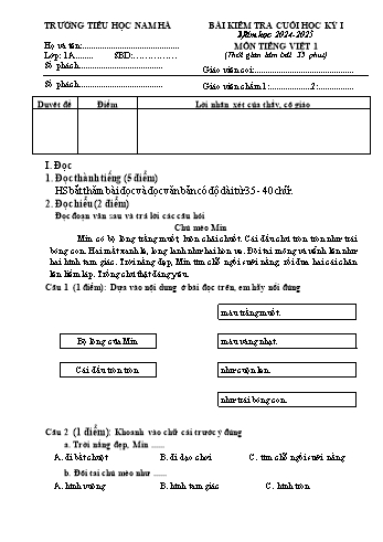 Đề kiểm tra cuối học kỳ I môn Tiếng Việt Lớp 1 - Năm học 2024-2025 - Trường Tiểu học Nam Hà