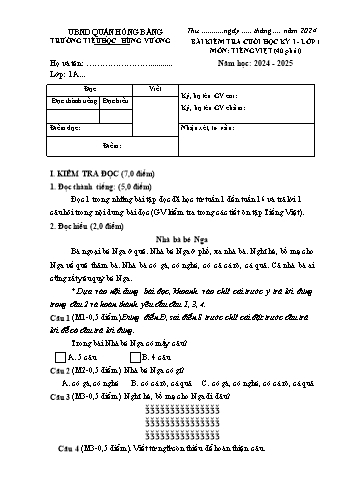Đề kiểm tra cuối học kỳ I môn Tiếng Việt Lớp 1 - Năm học 2024-2025 - Trường Tiểu học Hùng Vương (Có đáp án)