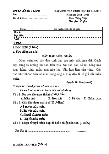 Đề kiểm tra cuối học kỳ I môn Tiếng Việt Lớp 1 - Năm học 2024-2025 - Trường Tiểu học Gia Đức