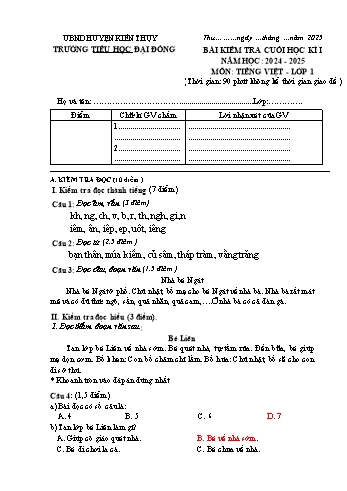 Đề kiểm tra cuối học kỳ I môn Tiếng Việt Lớp 1 - Năm học 2024-2025 - Trường Tiểu học Đại Đồng (Có đáp án)