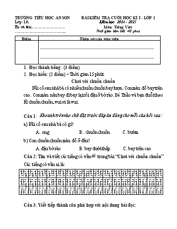 Đề kiểm tra cuối học kỳ I môn Tiếng Việt Lớp 1 - Năm học 2024-2025 - Trường Tiểu học An Sơn (Có đáp án + Ma trận)