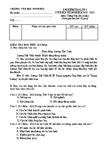 Đề kiểm tra cuối học kỳ I môn Tiếng Việt Lớp 2 - Năm học 2024-2025 - Trường Tiểu học Minh Đức (Có đáp án)