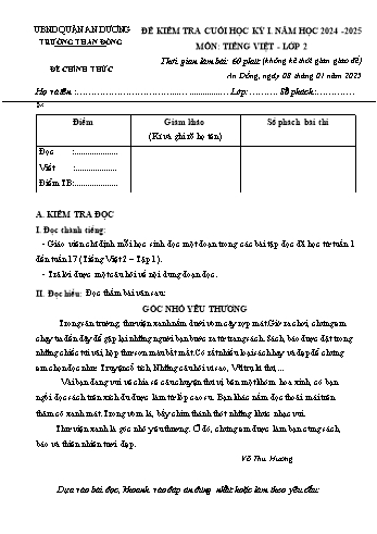 Đề kiểm tra cuối học kỳ I môn Tiếng Việt Lớp 2 - Năm học 2024-2025 - Trường Tiểu học An Đồng (Có đáp án)