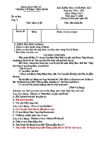 Đề kiểm tra cuối học kỳ I môn Tiếng Việt Lớp 2 - Năm học 2024-2025 - Trường Tiểu học Thực hành (Có đáp án)