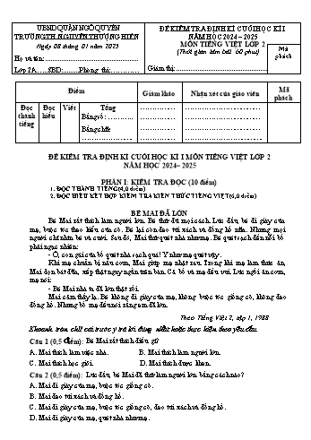 Đề kiểm tra cuối học kỳ I môn Tiếng Việt Lớp 2 - Năm học 2024-2025 - Trường Tiểu học Nguyễn Thượng Hiền (Có đáp án + Ma trận)