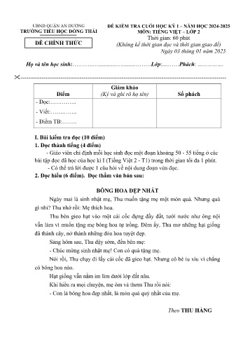 Đề kiểm tra cuối học kỳ I môn Tiếng Việt Lớp 2 - Năm học 2024-2025 - Trường Tiểu học Đồng Thái