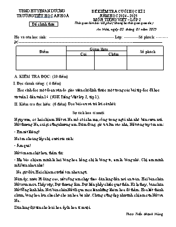 Đề kiểm tra cuối học kỳ I môn Tiếng Việt Lớp 2 - Năm học 2024-2025 - Trường Tiểu học An Hòa (Có đáp án)