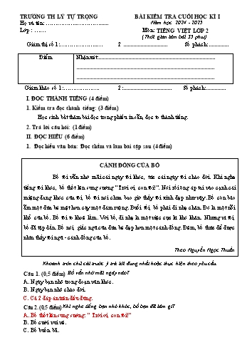 Đề kiểm tra cuối học kỳ I môn Tiếng Việt Lớp 2 - Năm học 2024-2025 - Trường Tiểu học Lý Tự Trọng (Có đáp án)
