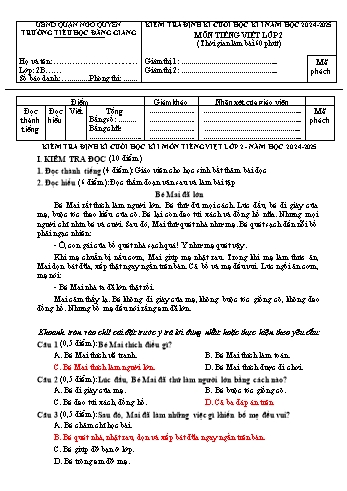 Đề kiểm tra cuối học kỳ I môn Tiếng Việt Lớp 2 - Năm học 2024-2025 - Trường Tiểu học Đằng Giang (Có đáp án + Ma trận)