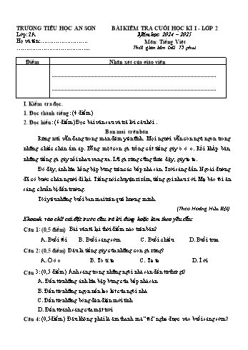 Đề kiểm tra cuối học kỳ I môn Tiếng Việt Lớp 2 - Năm học 2024-2025 - Trường Tiểu học An Sơn (Có đáp án + Ma trận)