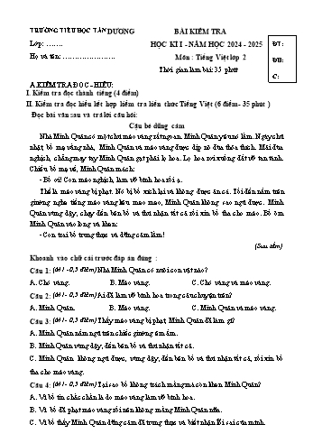 Đề kiểm tra cuối học kỳ I môn Tiếng Việt Lớp 2 - Năm học 2024-2025 - Trường Tiểu học Tân Dương (Có đáp án + Ma trận)