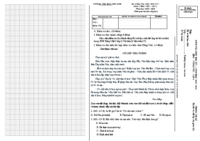 Đề kiểm tra cuối học kỳ I môn Tiếng Việt Lớp 2 - Năm học 2024-2025 - Trường Tiểu học Tiên Minh (Có đáp án)
