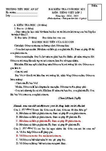 Đề kiểm tra cuối học kỳ I môn Tiếng Việt Lớp 2 - Năm học 2024-2025 - Trường Tiểu học An Lư
