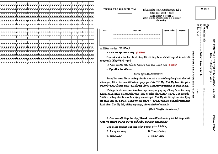 Đề kiểm tra cuối học kỳ I môn Tiếng Việt Lớp 2 - Năm học 2024-2025 - Trường Tiểu học Quyết Tiến