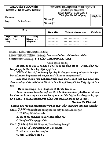 Đề kiểm tra cuối học kỳ I môn Tiếng Việt Lớp 2 - Năm học 2024-2025 - Trường Tiểu học Quang Trung (Có đáp án + Ma trận)