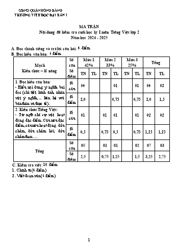 Đề kiểm tra cuối học kỳ I môn Tiếng Việt Lớp 2 - Năm học 2024-2025 - Trường Tiểu học Đại Bản I (Có đáp án)