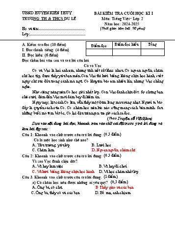 Đề kiểm tra cuối học kỳ I môn Tiếng Việt Lớp 2 - Năm học 2024-2025 - Trường TH&THCS Du Lễ (Có đáp án)