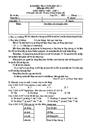 Đề kiểm tra cuối học kỳ I môn Tiếng Việt Lớp 2 - Năm học 2024-2025 - Trường Tiểu học Đồng Hòa (Có đáp án)