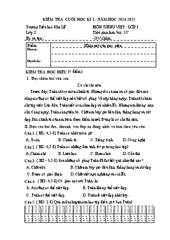 Đề kiểm tra cuối học kỳ I môn Tiếng Việt Lớp 2 - Năm học 2024-2025 - Trường Tiểu học Phả Lễ (Có đáp án)