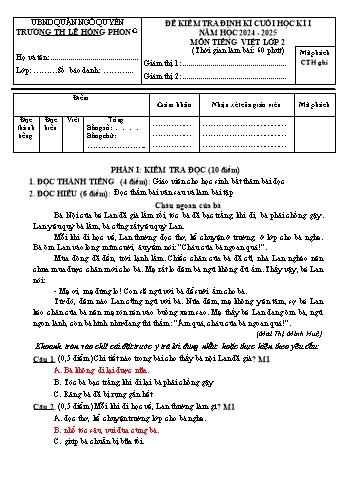 Đề kiểm tra cuối học kỳ I môn Tiếng Việt Lớp 2 - Năm học 2024-2025 - Trường Tiểu học Lê Hồng Phong (Có đáp án + Ma trận)