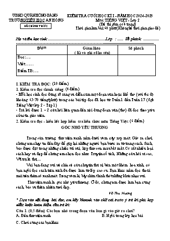 Đề kiểm tra cuối học kỳ I môn Tiếng Việt Lớp 2 - Năm học 2024-2025 - Trường Tiểu học An Hồng (Có đáp án + Ma trận)