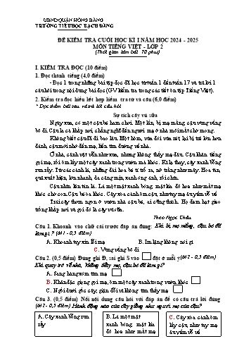 Đề kiểm tra cuối học kỳ I môn Tiếng Việt Lớp 2 - Năm học 2024-2025 - Trường Tiểu học Bạch Đằng (Có đáp án)