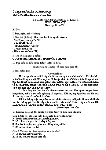 Đề kiểm tra cuối học kỳ I môn Tiếng Việt Lớp 2 - Năm học 2024-2025 - Trường Tiểu học Ngọc Xuyên (Có đáp án)
