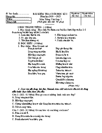 Đề kiểm tra cuối học kỳ I môn Tiếng Việt Lớp 2 - Năm học 2024-2025 - Trường Tiểu học Cộng Hiền (Có đáp án + Ma trận)