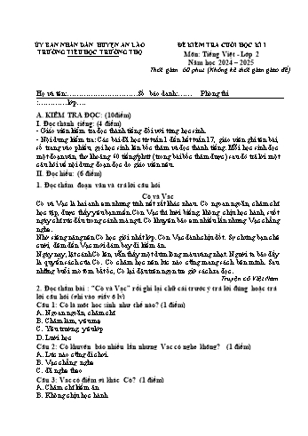 Đề kiểm tra cuối học kỳ I môn Tiếng Việt Lớp 2 - Năm học 2024-2025 - Trường Tiểu học Trường Thọ (Có đáp án)