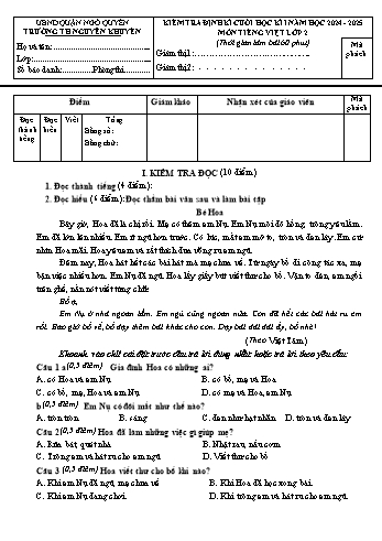 Đề kiểm tra cuối học kỳ I môn Tiếng Việt Lớp 2 - Năm học 2024-2025 - Trường Tiểu học Nguyễn Khuyến (Có đáp án + Ma trận)
