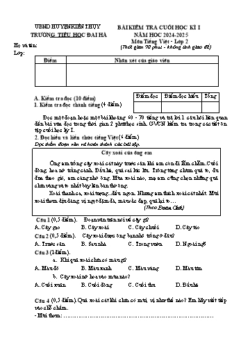 Đề kiểm tra cuối học kỳ I môn Tiếng Việt Lớp 2 - Năm học 2024-2025 - Trường Tiểu học Đại Hà (Có đáp án)
